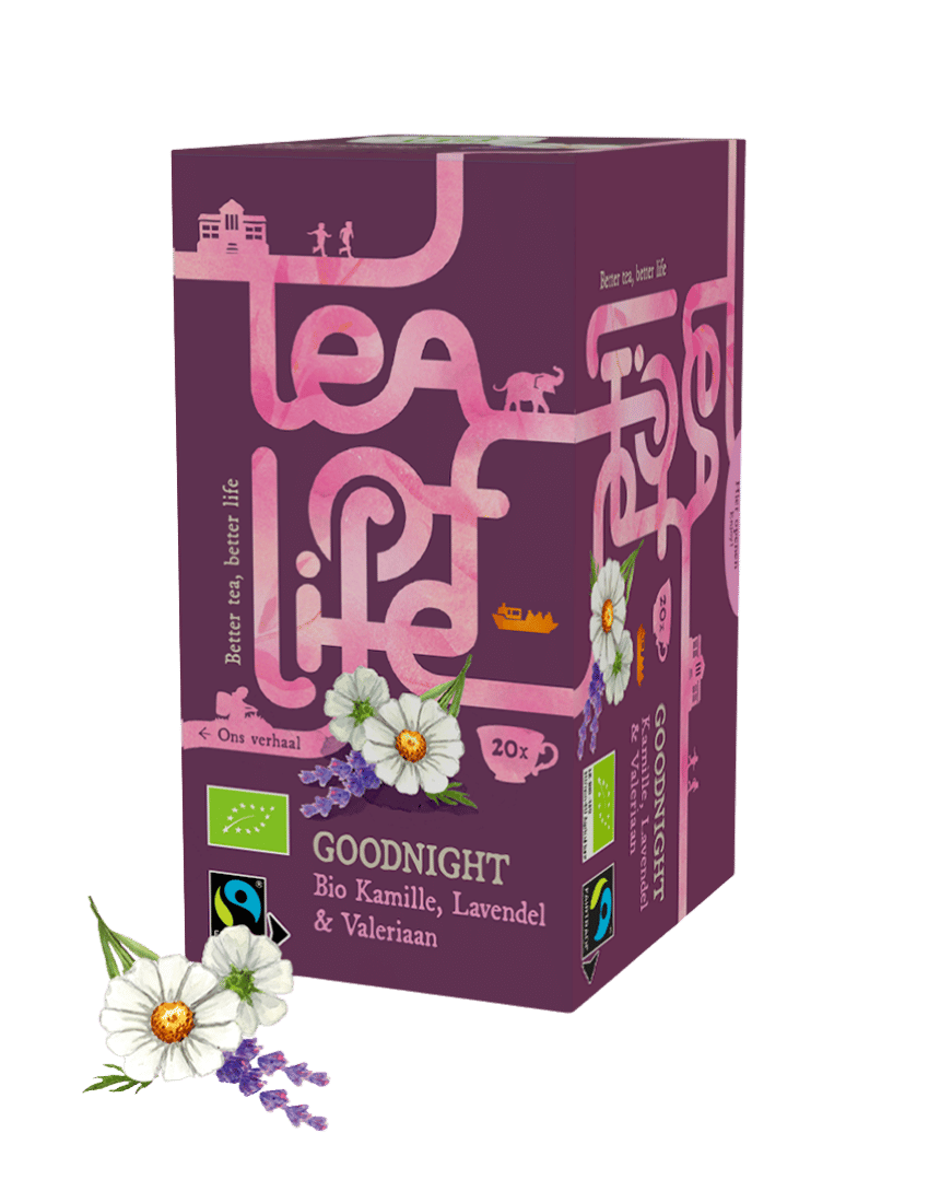 Tea of Life Goodnight Kamille, Lavendel & Valeriaan Goodnight blend with camomile, lavender & valerian. 100% natural, organic and CO₂-neutral. Supports the Fair Grounds Foundation. 